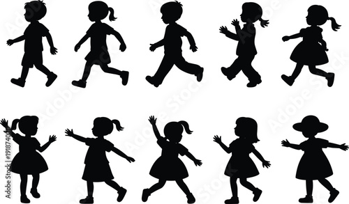 Websilhouette, children, kids, boys, girls, play, walking, activity, motion, fun, childhood, lifestyle, posture, figures, illustration