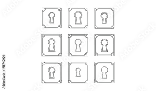 Nine  Identical  Ornate  Square  Gray  Keyhole  Symbols  Arranged in  Grid  Pattern keys keyholes