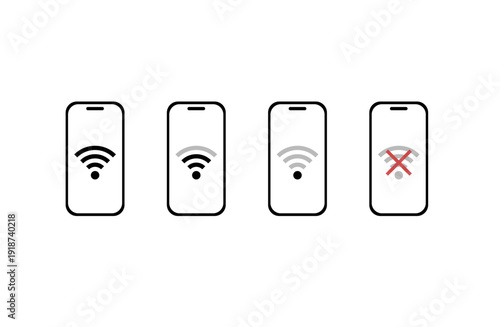Wi-Fiマークの状況アイコンセット 強・中・弱・なしの4点フラットイラスト