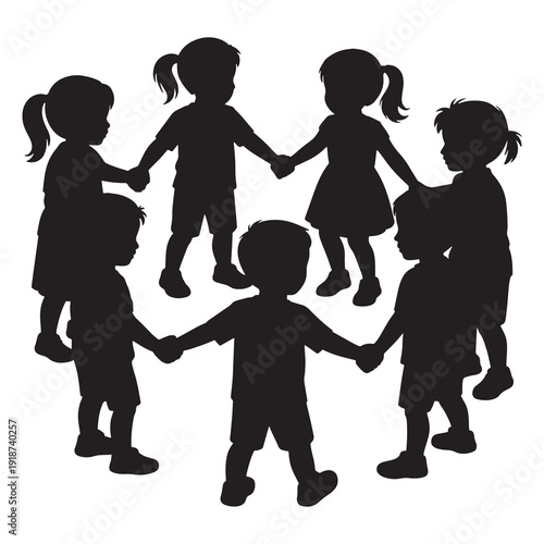 Children holding hands in a friendly circle forming a united group silhouette illustration