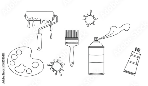 Hand  Drawn  Black  Line  Including  brush  Paint  Roller  Spray  Can Strand  Petri  Dish  Flask white