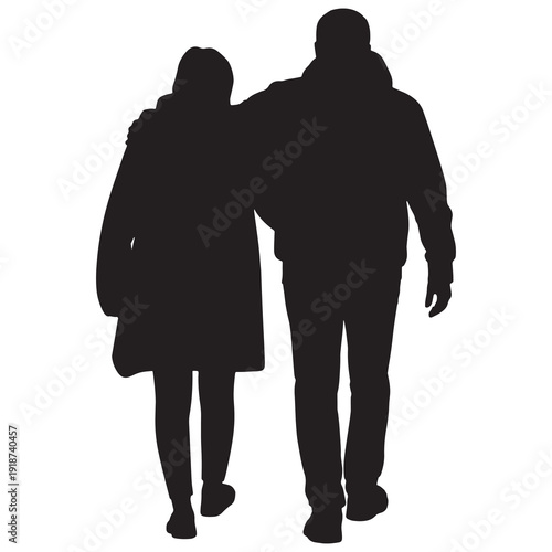 Couple walking closely together silhouette against plain background for lifestyle and relationship imagery