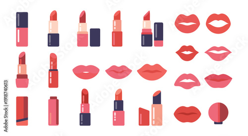 Cosmetic Sticker Collection, vibrant pink and red lipsticks with glossy lip prints, beauty and fashion vector illustration