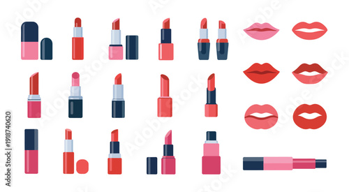 Cosmetic Sticker Collection, vibrant pink and red lipsticks with glossy lip prints, beauty and fashion vector illustration