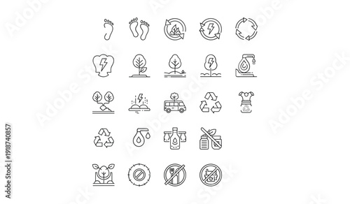 Black  Line  Environmental  Sustainability  Set  On  White  Background symbols recycling ecology