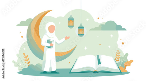 Muslim Woman with Holy Book, Crescent Moon, and Lanterns Illustration