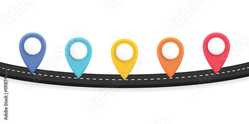 Five colorful location pin markers on curved black road