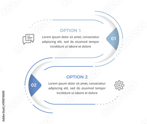 Business infographic template with two options, rounded shapes, icons and text blocks