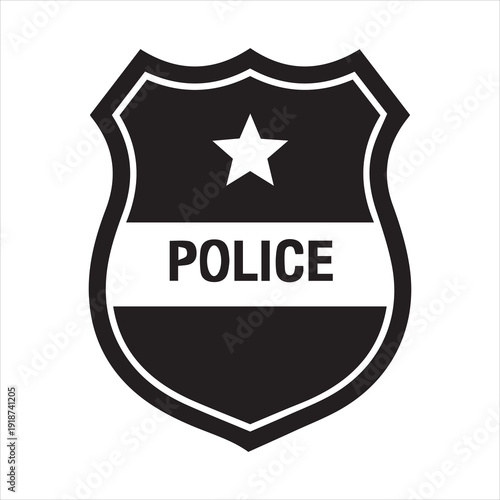 Black police badge with a white star and the word police displayed