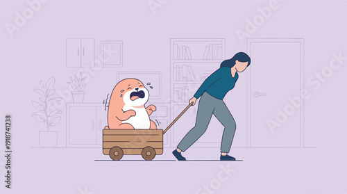 Woman struggling to pull a wagon with a crying, demanding pet inside