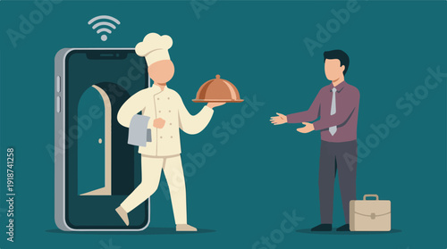 Chef delivering food from mobile app to customer, online food delivery service