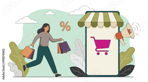 Online shopping and retail sales concept with woman and smartphone illustration