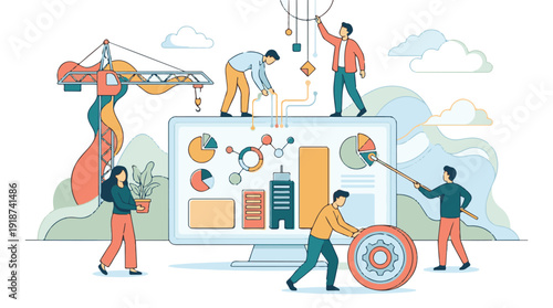 Team Working on Business Data Analysis and Project Development Illustration