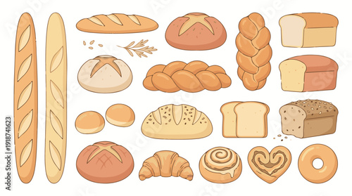 Assortment of various fresh bread and delicious baked goods illustrations
