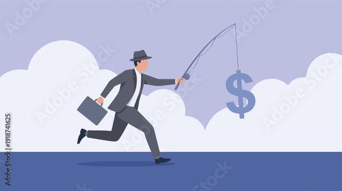 Businessman running after an elusive dollar sign on a fishing rod