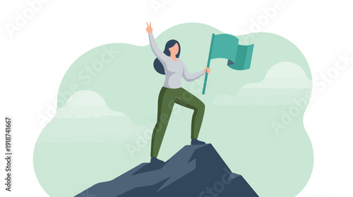 Woman triumphantly standing on mountain peak, holding flag for success