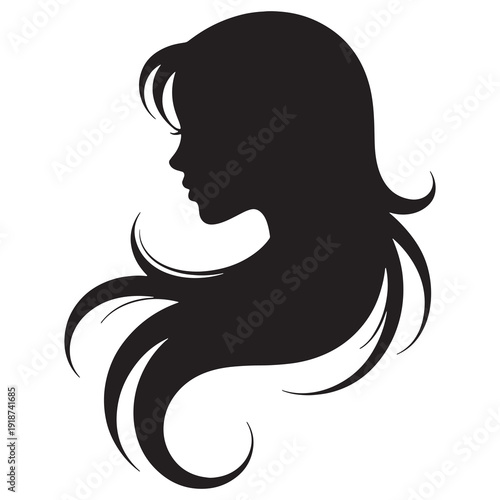 Minimalist silhouette portrait of a woman with long flowing hair in profile view