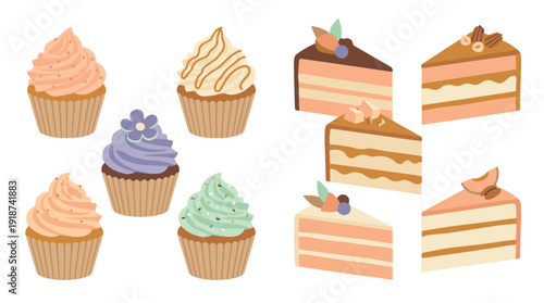 Delicious collection of colorful cupcakes and various cake slices