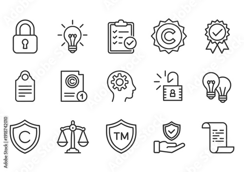 Copyright and Intellectual Property Icons, vector symbols for business and legal use, logo, trademark, and patent protection concepts