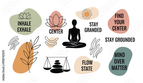 Flat  Meditation  Concept with  Lotus  Leaves  Balance  Scales  Grounding and  Breathing mindfulness