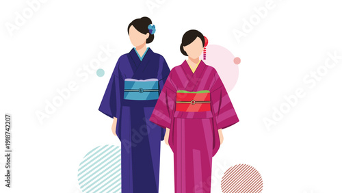 Two women dressed in traditional Japanese kimonos, one in deep blue and the other in vibrant magenta, with colorful decorative backgrounds.