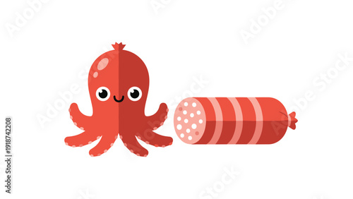 Fun food illustration of a small red sausage cut into a cute octopus shape next to a pink sliced salami roll on a clean white background.