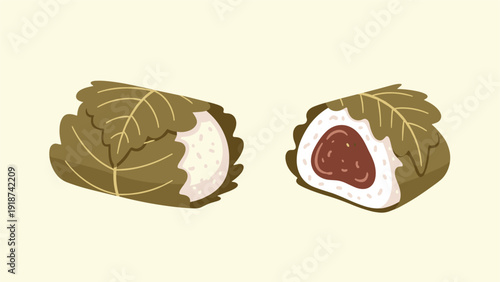 Two traditional Japanese sakura mochi rice cakes with red bean paste wrapped in green leaves, representing seasonal spring sweets on yellow.