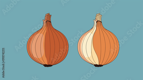 Pair of whole yellow onions with thin brown skins and green shoots growing from the tops, isolated on a solid light blue background for food.