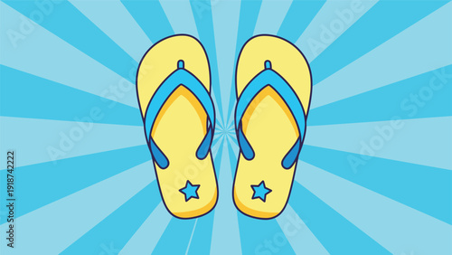 Yellow and blue flip-flops with star patterns are centered against a radiant light blue sunburst background graphic.