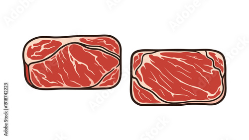 Two slabs of raw red beef steak with white marbling fat shown from a top-down view, representing fresh meat ingredients for cooking on white.