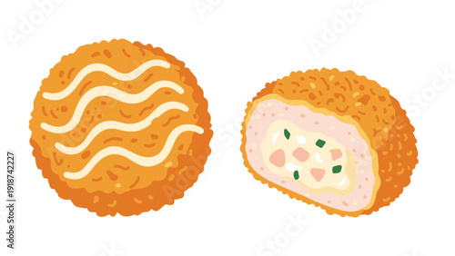 Golden brown fried Japanese croquette shown as a whole piece and cut in half to reveal the savory creamy filling inside on a white base.