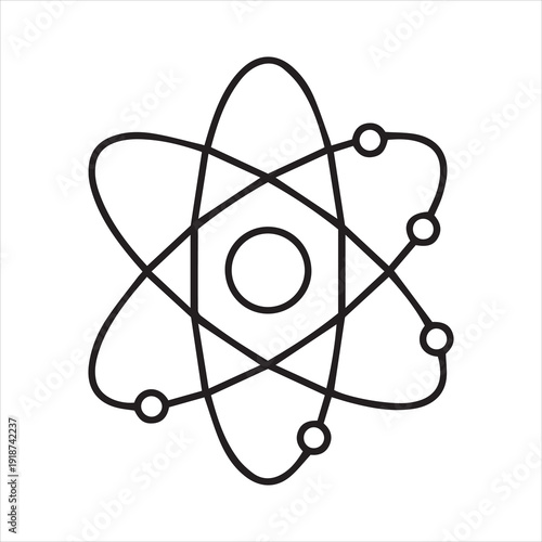 Simple black and white illustration of an atom with orbiting electrons around a nucleus