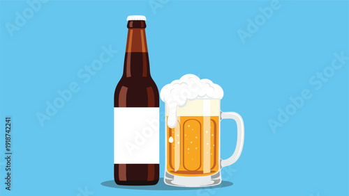 Brown beer bottle with a blank label stands next to a glass mug filled with frothy beer against a solid blue background.