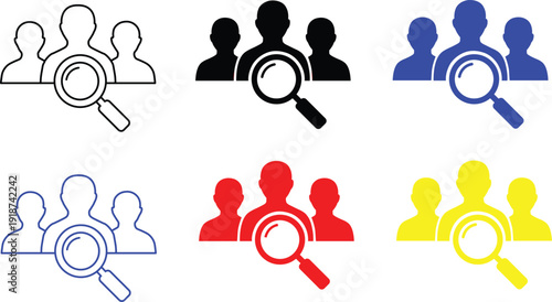 Team search and analysis icons: magnifying glass over people silhouettes in outline, black, blue, red, and yellow for HR, recruitment, and analytics concepts.