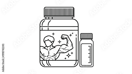 Outline drawing shows a large container of muscle-building supplement featuring a bodybuilder next to a small measuring bottle.