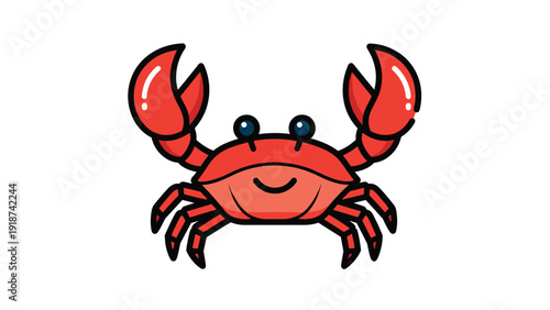 Cute cartoon illustration of a bright red crab with large claws and a friendly smiling face, ideal for beach and marine life themed designs.