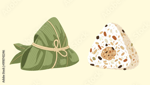 Traditional Asian rice snacks featuring a bamboo leaf wrapped zongzi and a triangle shaped mixed grain onigiri on a soft yellow background.