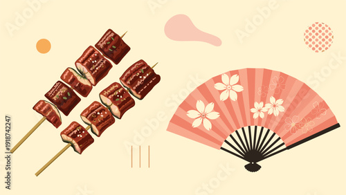 Two skewers of grilled Japanese eel and a traditional pink folding fan with cherry blossom patterns are set on a beige surface.