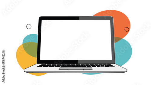 Silver laptop computer with an open screen is presented over a background of colorful abstract overlapping circular shapes.