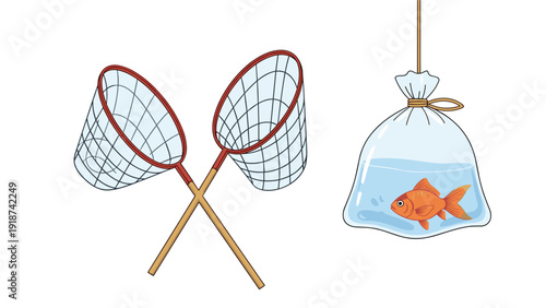 Single orange goldfish in a water-filled plastic bag is positioned next to two crossed fishing nets used at Japanese festivals.