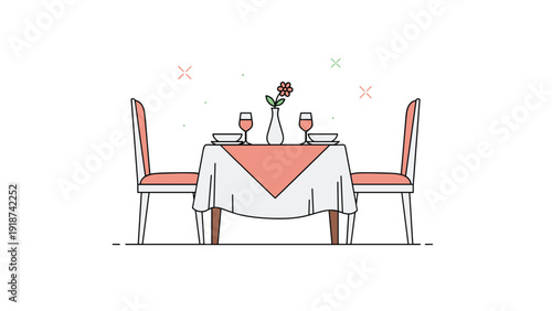 Set dinner table for two features chairs, a pink tablecloth, wine glasses, plates, and a flower in a vase in a clean line art style.