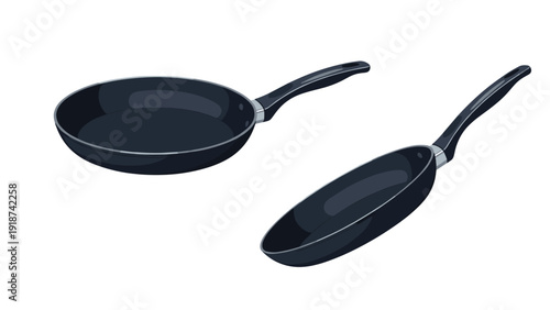 Two black non-stick frying pans of different sizes are shown from above on a white background in a detailed illustration.