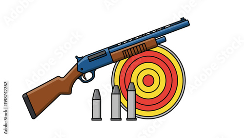 Blue and brown shotgun is positioned diagonally across a colorful round target with three bullets lined up below it.