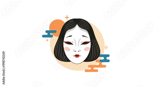 Traditional Japanese Noh theater mask featuring a woman's face is displayed with decorative orange and blue cloud-like shapes.