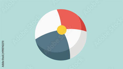 Colorful inflatable beach ball with red, blue, white, and yellow sections is centered on a light teal background.