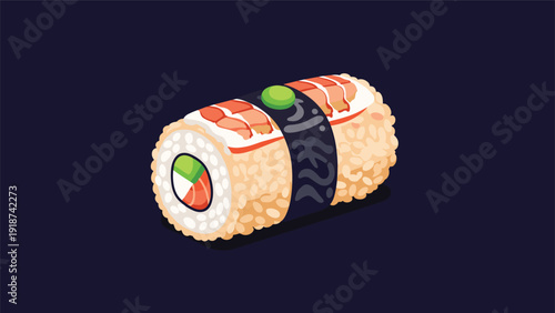 Large sushi roll features rice, seaweed, salmon, avocado, and shrimp toppings served against a dark navy background.