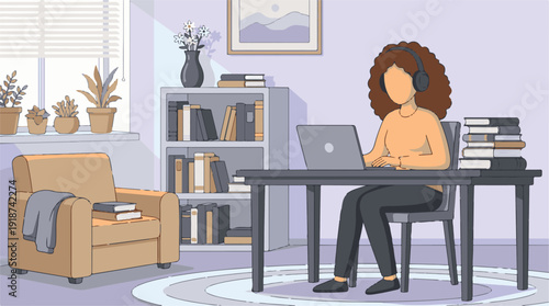 Woman with headphones working on laptop in cozy home office environment