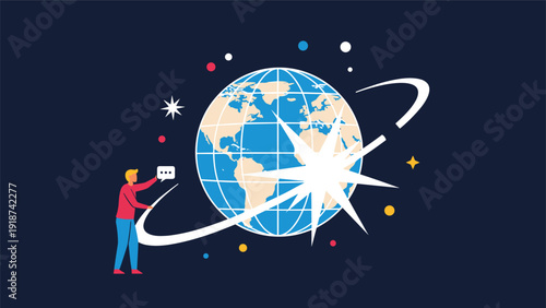 Man interacts with a glowing globe surrounded by abstract stars and orbital lines on a dark blue space background.