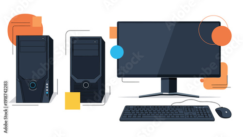 Complete desktop computer setup includes two towers, a widescreen monitor, keyboard, and mouse with abstract background elements.