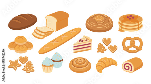 Assortment of fresh baked goods, breads, and sweet pastries on white background